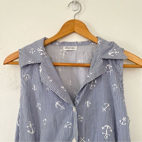 Chloe + Rene Blue White Pinstripe Collared Anchor Motifs Midi Shirtdress Dress - Picture 7 of 10
